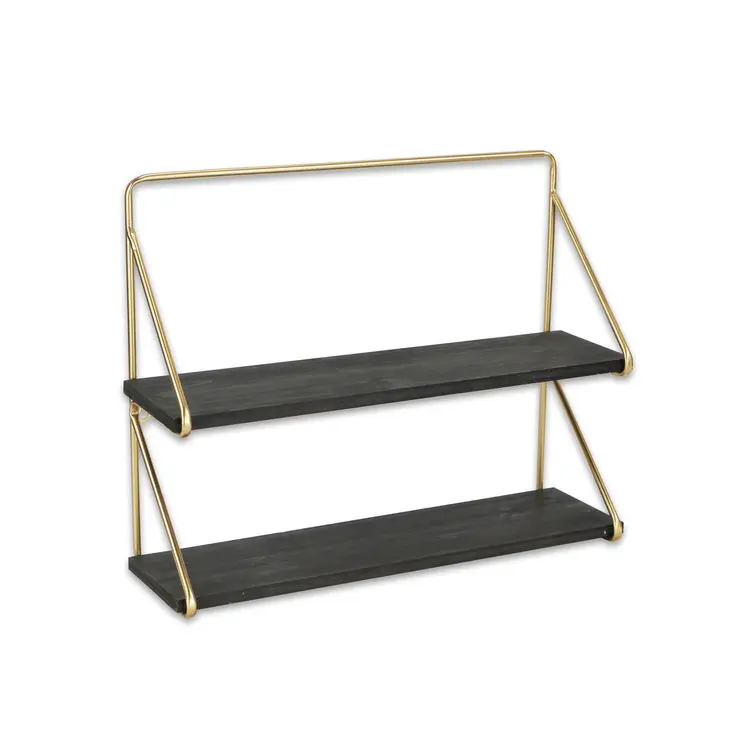 21" Dark Gray And Gold Metal And Wood Wall Mounted Tiered Shelf