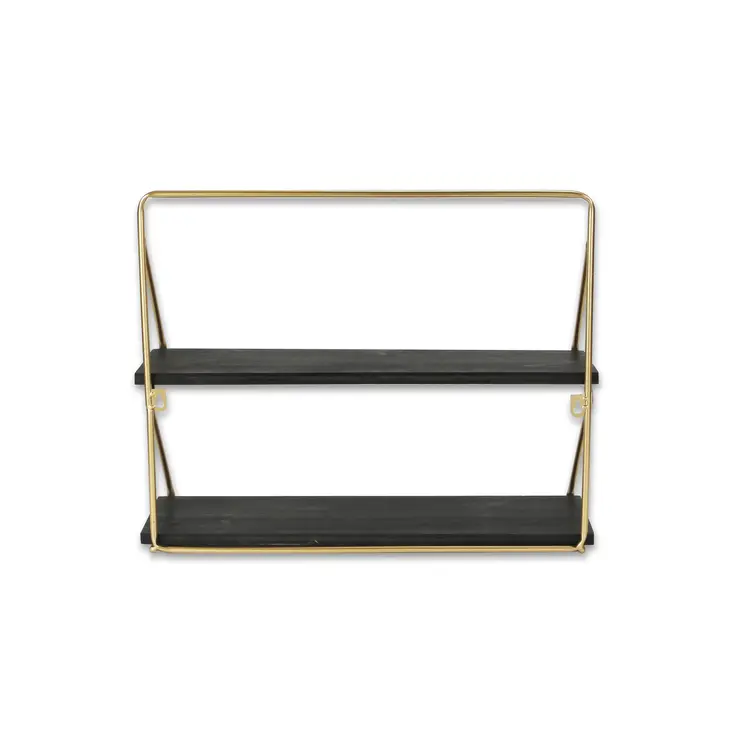 21" Dark Gray And Gold Metal And Wood Wall Mounted Tiered Shelf