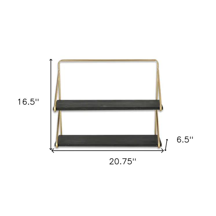 21" Dark Gray And Gold Metal And Wood Wall Mounted Tiered Shelf