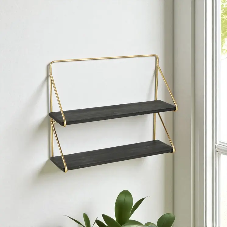 21" Dark Gray And Gold Metal And Wood Wall Mounted Tiered Shelf