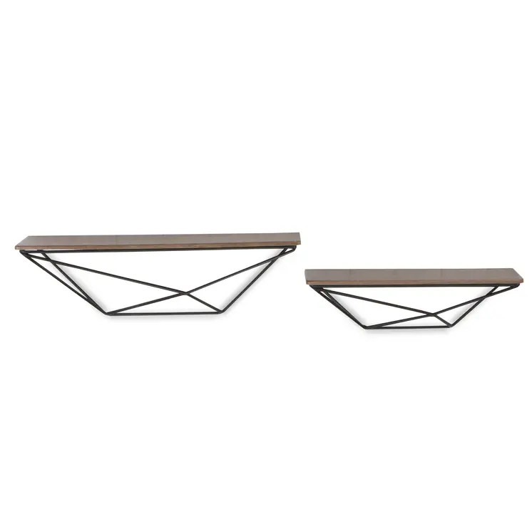 Set Of Two Black And Brown Wood And Metal Wall Mounted Accent Shelf