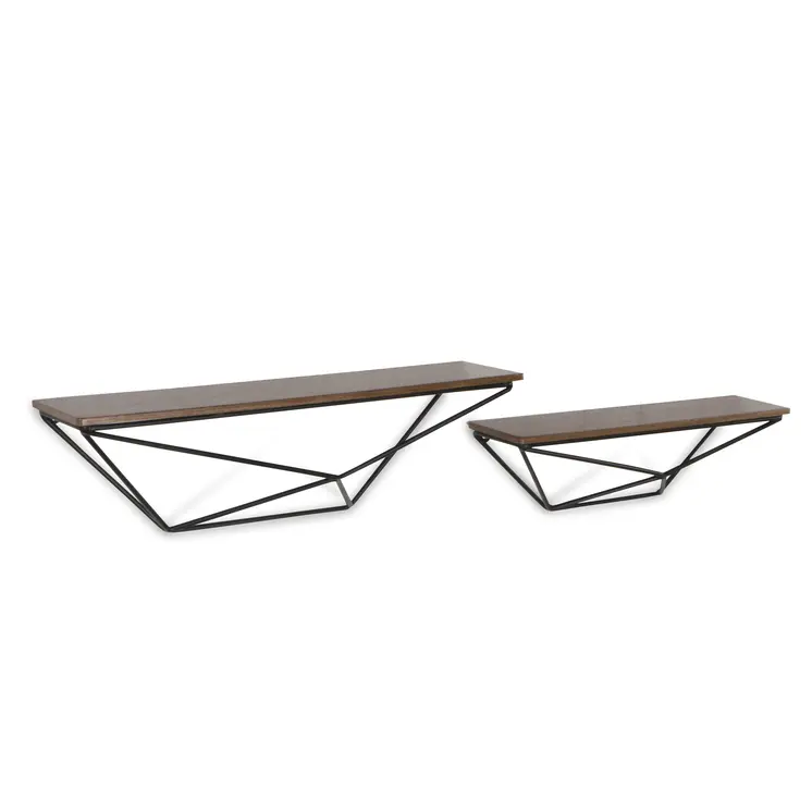 Set Of Two Black And Brown Wood And Metal Wall Mounted Accent Shelf