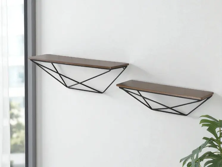 Set Of Two Black And Brown Wood And Metal Wall Mounted Accent Shelf