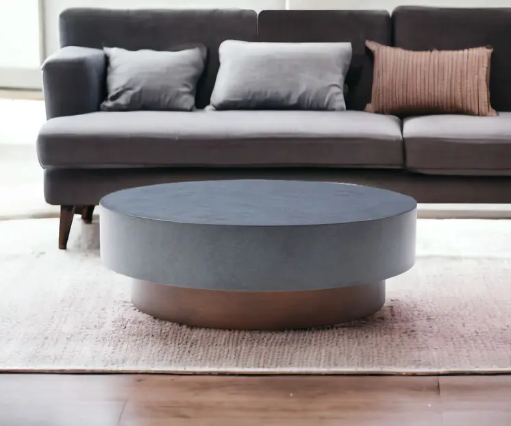 48" Gray and Brown Steel And Copper Round Drum Coffee Table