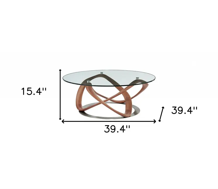 39" Clear and Brown Glass And Solid Wood Round Abstract Coffee Table