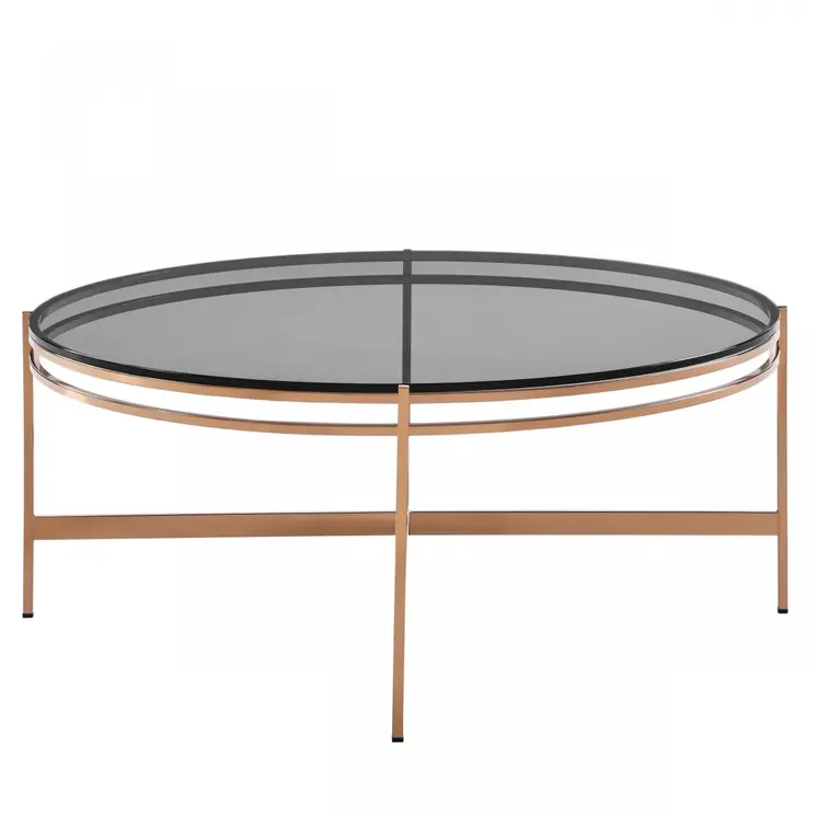 35" Gray and Gold Glass And Stainless Steel Round Coffee Table