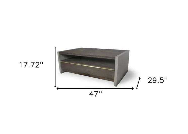 47" Brown and Dark Gray Solid Wood And Concrete Block Coffee Table With Drawer And Shelf