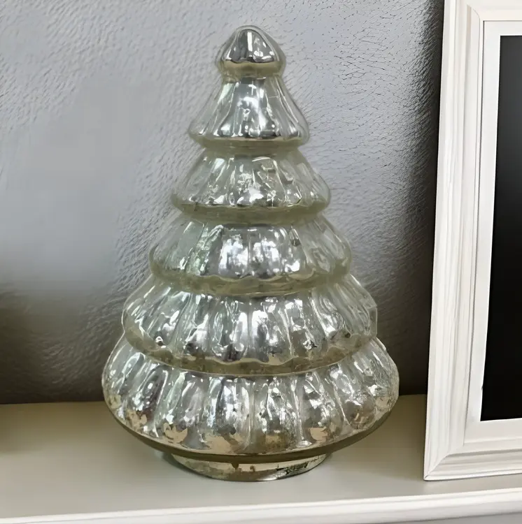 7" Embossed Silver Glass Christmas Tree Sculpture