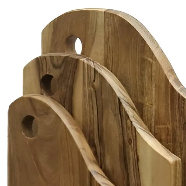 Set of Three Brown Free Form Solid Wood Cutting Boards With Stand