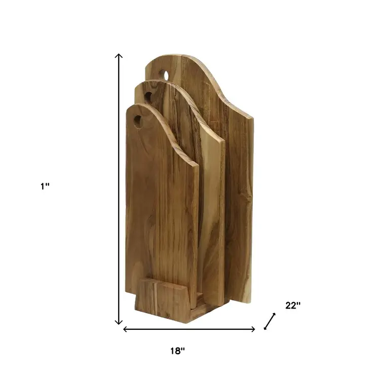 Set of Three Brown Free Form Solid Wood Cutting Boards With Stand