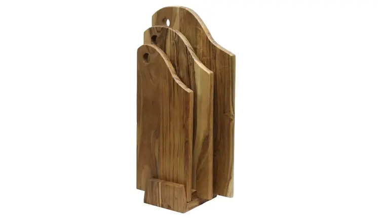 Set of Three Brown Free Form Solid Wood Cutting Boards With Stand