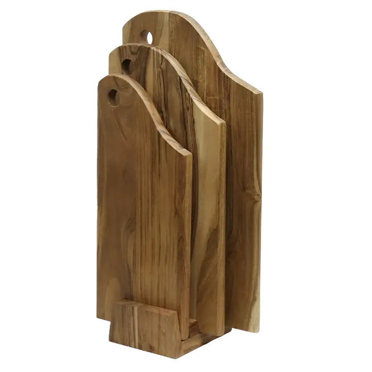 Set of Three Brown Free Form Solid Wood Cutting Boards With Stand