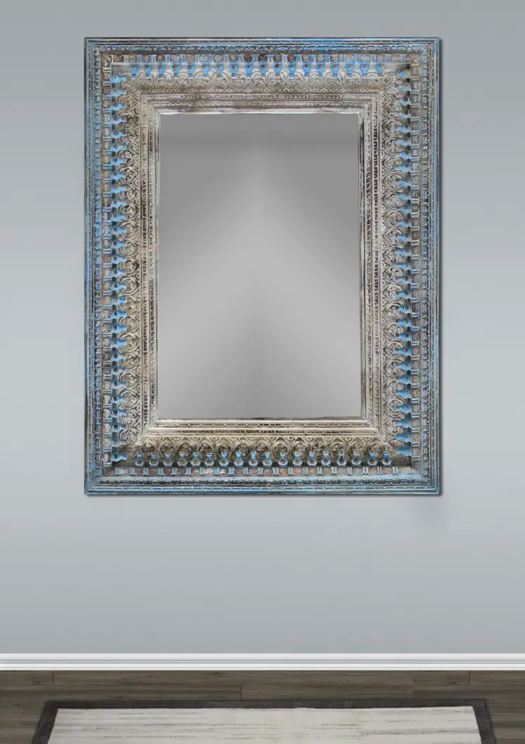 50" Blue and Silver Solid Wood Framed Accent Mirror