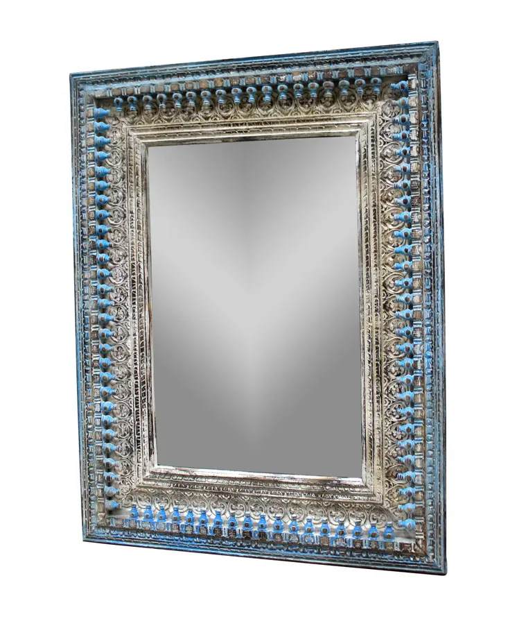 50" Blue and Silver Solid Wood Framed Accent Mirror