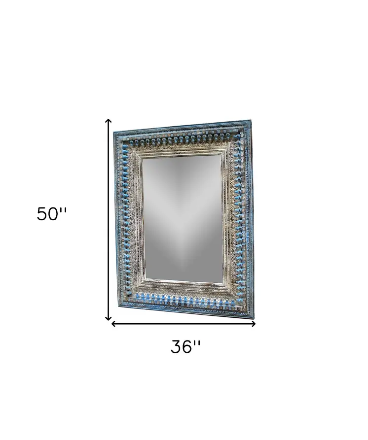50" Blue and Silver Solid Wood Framed Accent Mirror