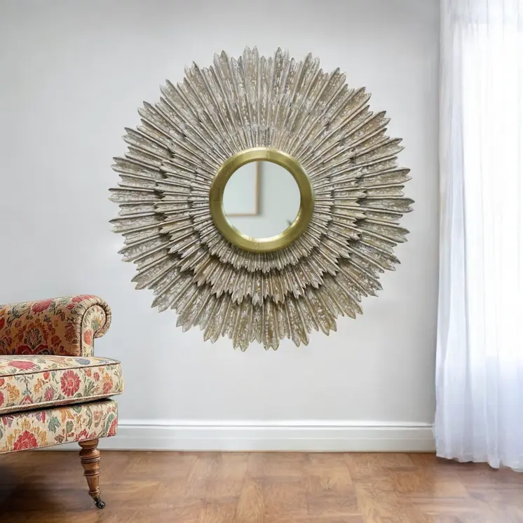 44" Antiqued Gold Sunburst Wood and Metal Framed Accent Mirror