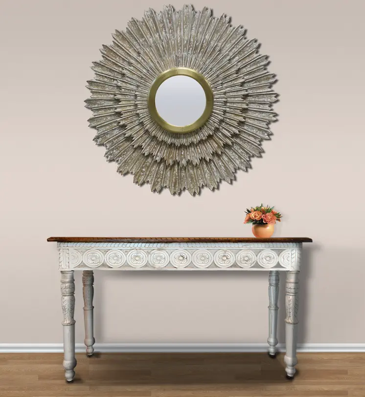 44" Antiqued Gold Sunburst Wood and Metal Framed Accent Mirror