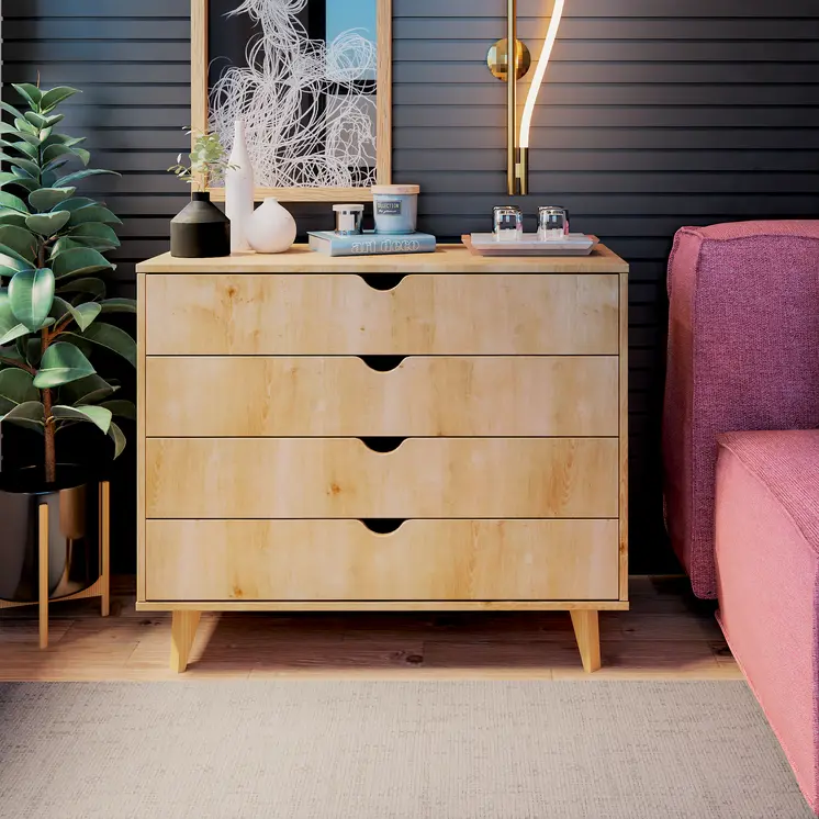 35" Natural Wood Four Drawer Dresser