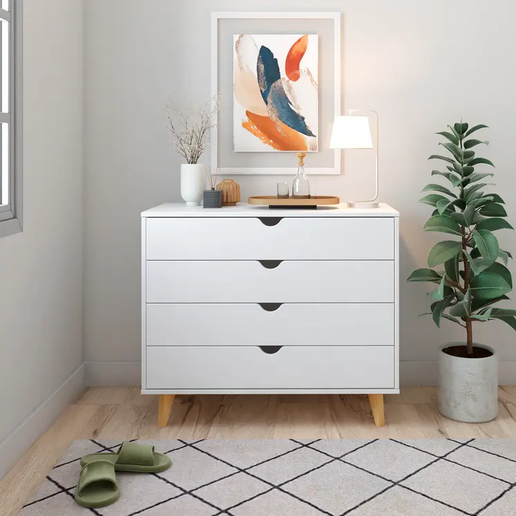 35" White And Natural Wood Four Drawer Dresser