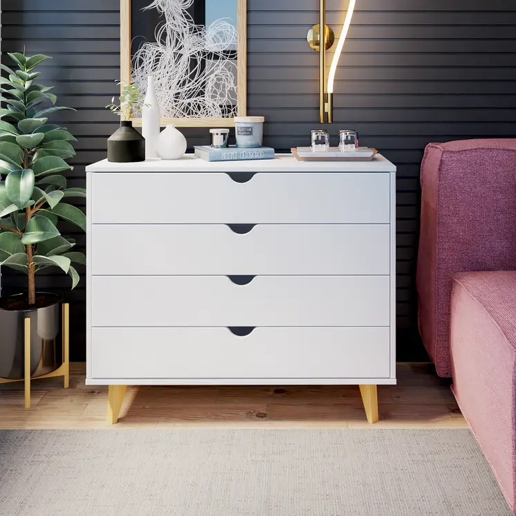 35" White And Natural Wood Four Drawer Dresser