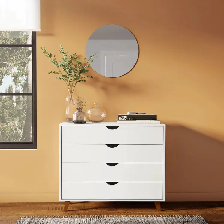 35" White And Natural Wood Four Drawer Dresser