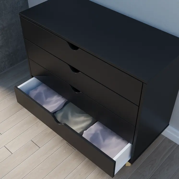 35" Black And Natural Wood Four Drawer Dresser