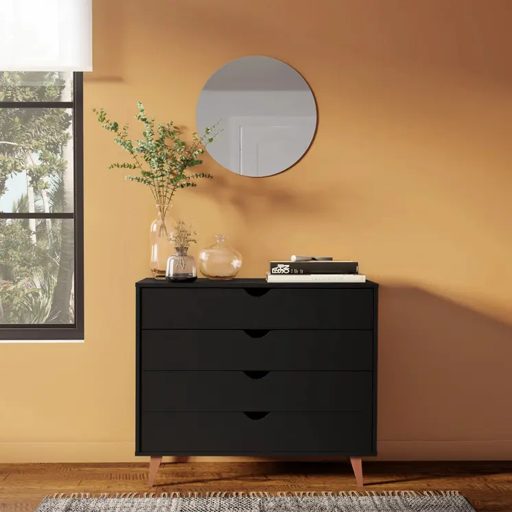 35" Black And Natural Wood Four Drawer Dresser