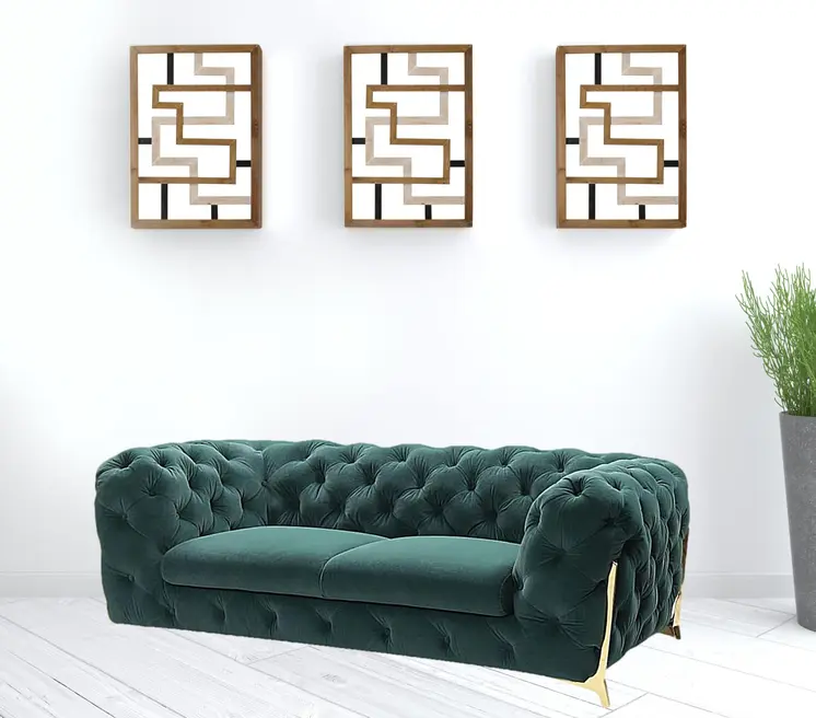 74" Dark Green Tufted Velvet And Gold Chesterfield Love Seat
