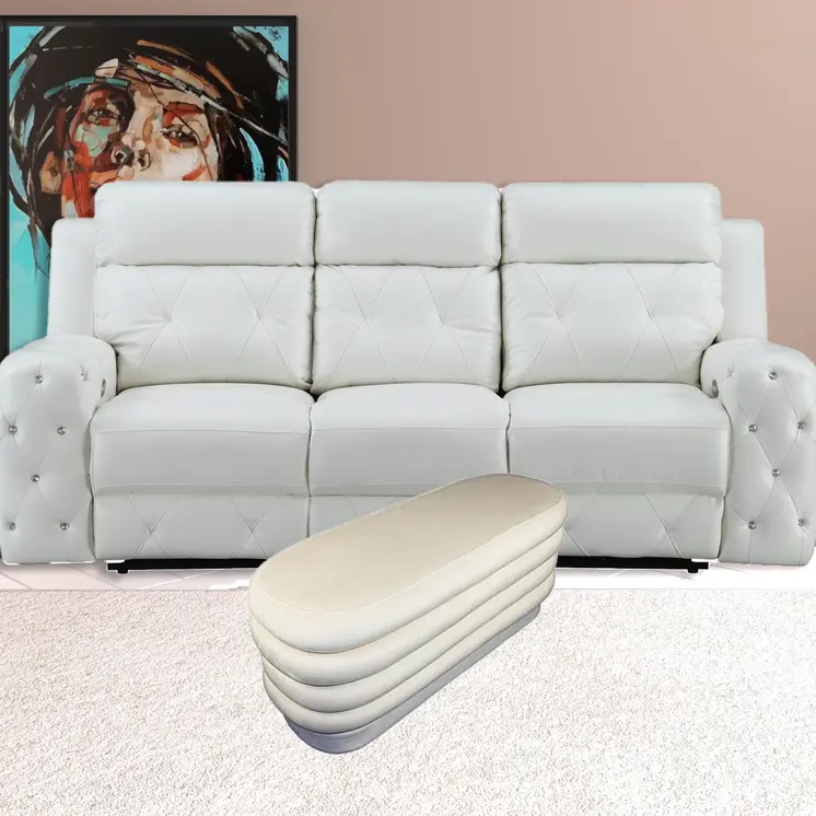 44" White Velvet Tufted Oval Ottoman