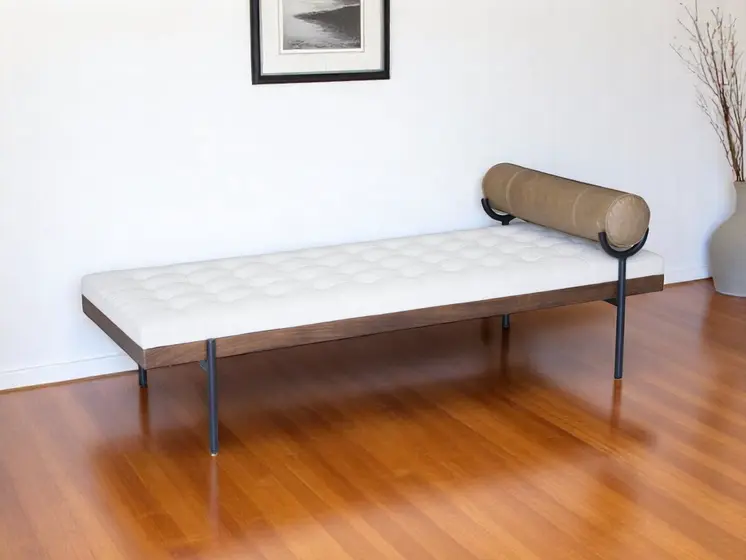 72" Ivory Brown And Black Tufted Cotton Wood And Metal Cushioned Bench With Pillow