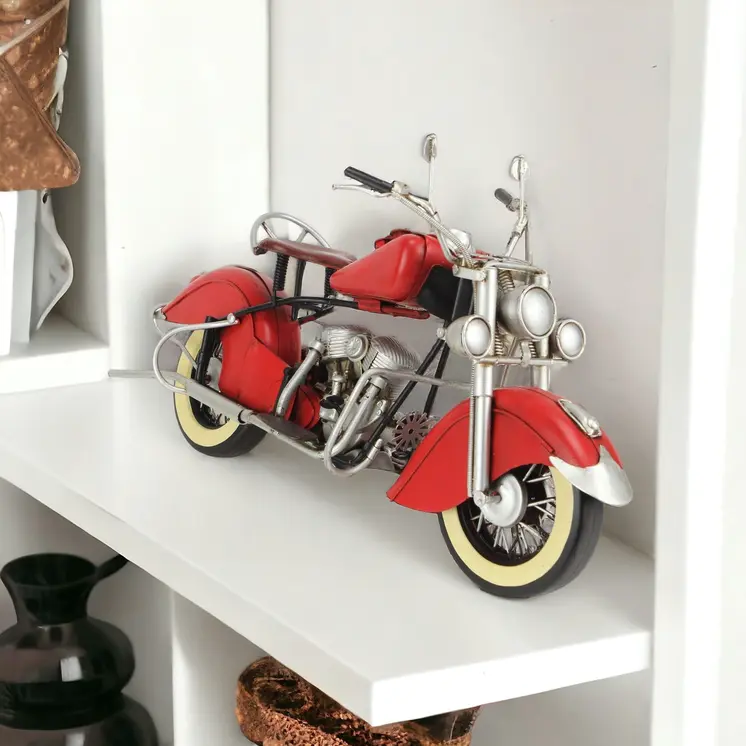 8" Red and Silver Metal Hand Painted Model Motorcycle Tabletop Sculpture