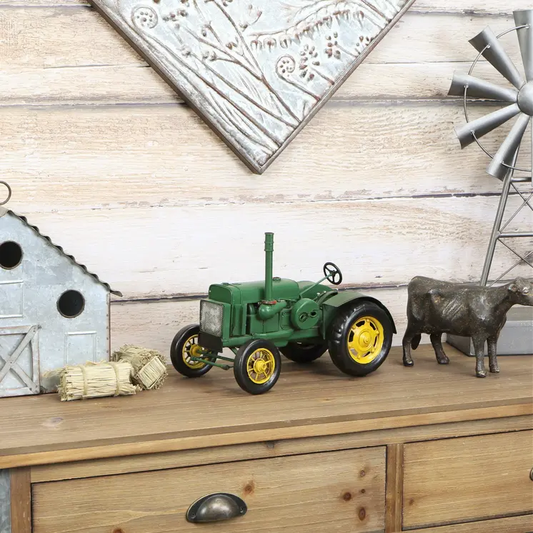 8" Green and Black Metal Hand Painted Model Tractor Tabletop Sculpture