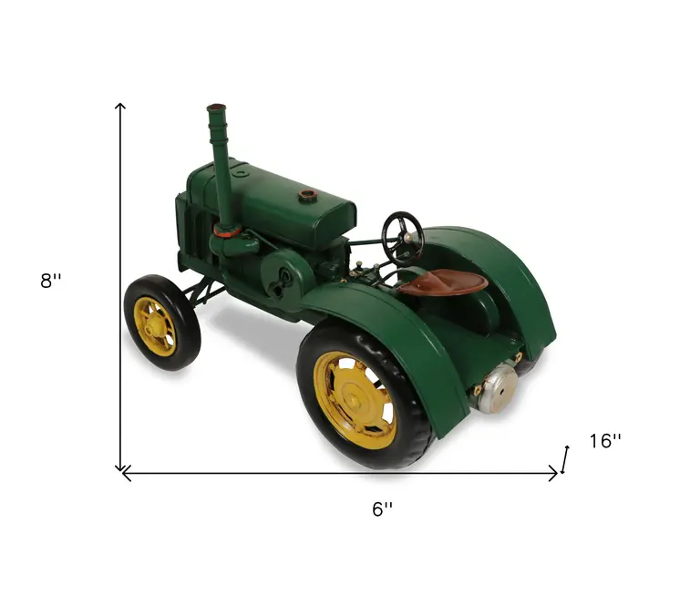 8" Green and Black Metal Hand Painted Model Tractor Tabletop Sculpture