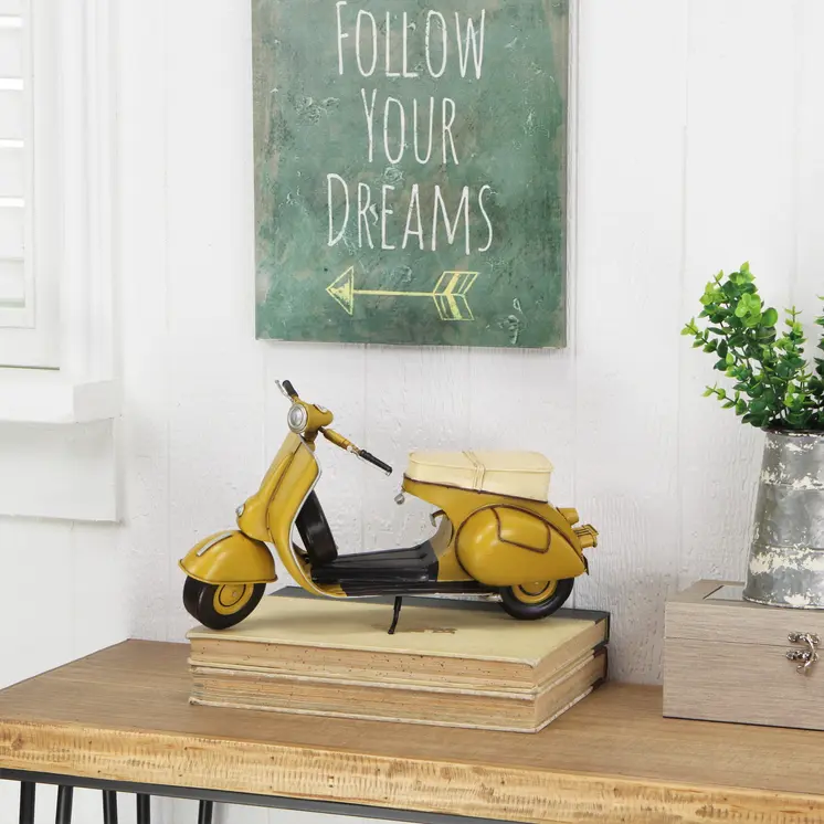 9" Yellow and Black Metal Hand Painted 1959 Yellow Scooter Model Motorcycle