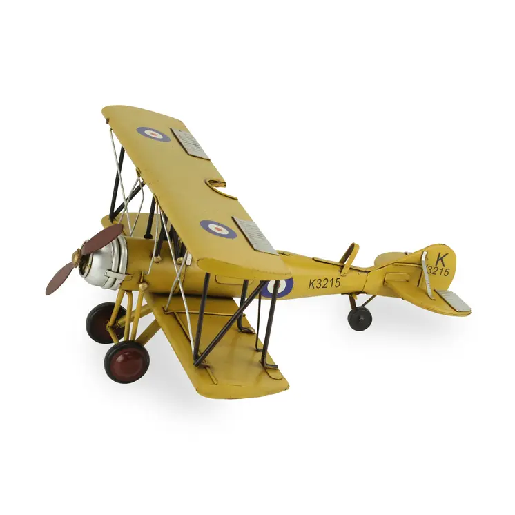 6" Yellow And Black Metal Hand Painted 1931's British Tutor Bi-Plane Model Airplane