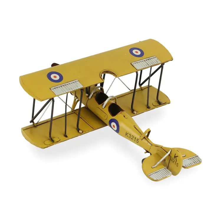 6" Yellow And Black Metal Hand Painted 1931's British Tutor Bi-Plane Model Airplane