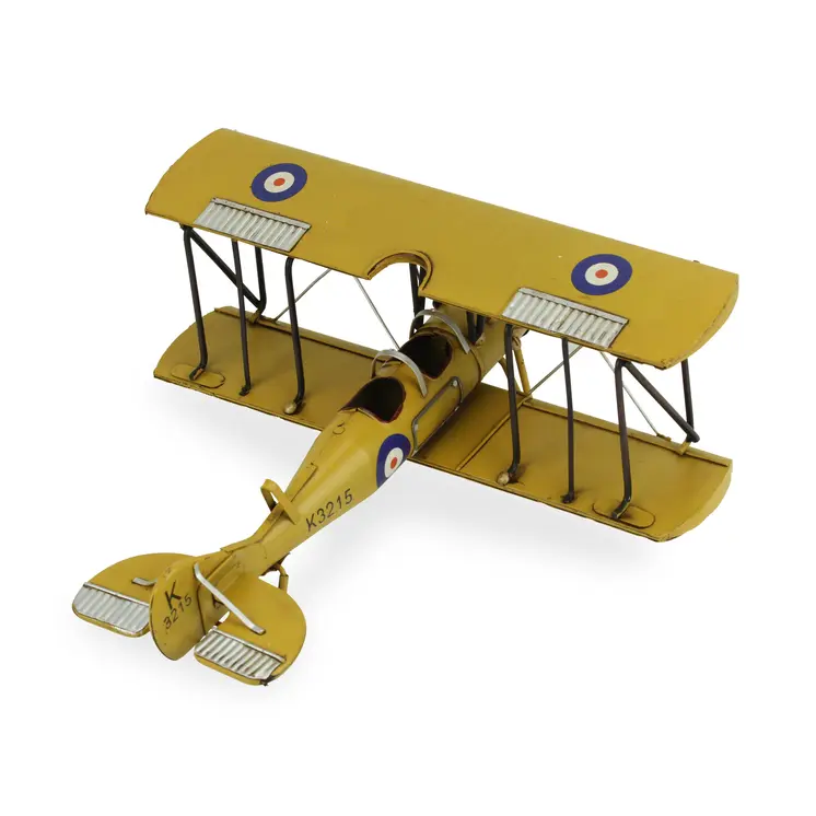 6" Yellow And Black Metal Hand Painted 1931's British Tutor Bi-Plane Model Airplane