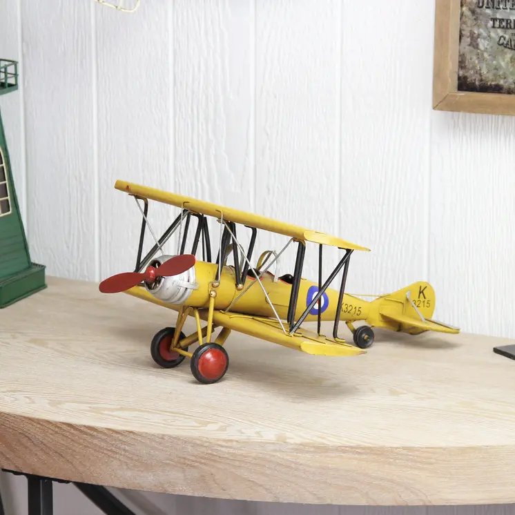 6" Yellow And Black Metal Hand Painted 1931's British Tutor Bi-Plane Model Airplane