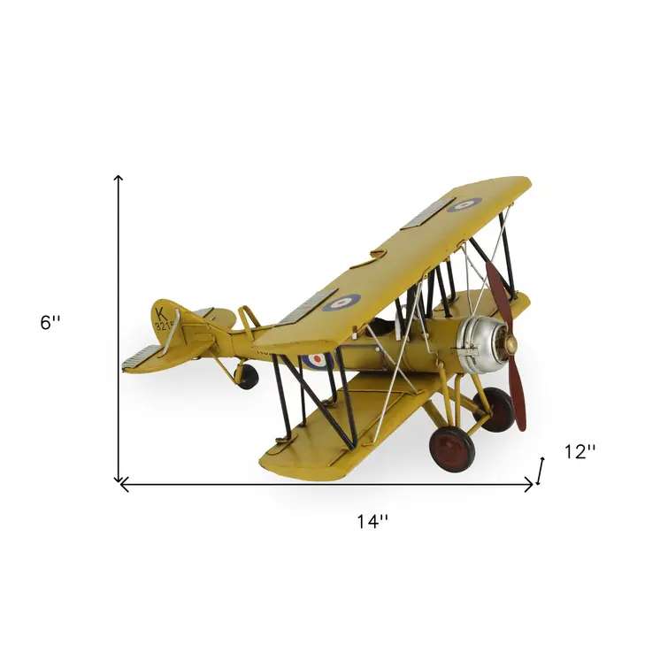 6" Yellow And Black Metal Hand Painted 1931's British Tutor Bi-Plane Model Airplane
