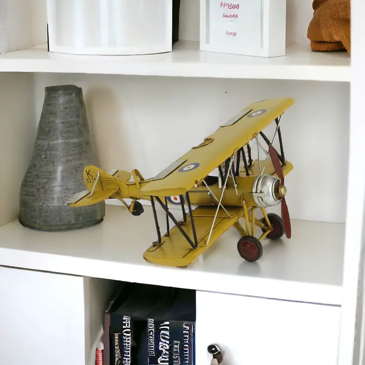 6" Yellow And Black Metal Hand Painted 1931's British Tutor Bi-Plane Model Airplane