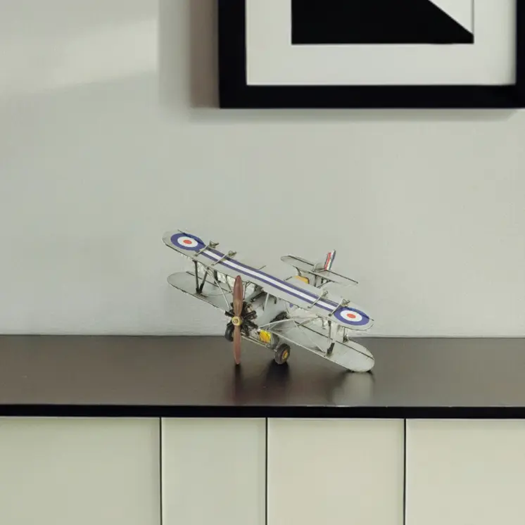 5" Blue and Gray Metal Hand Painted Model Airplane Tabletop Sculpture