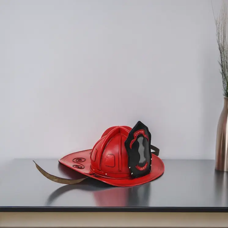 8" Red and Black Metal Fireman Hand Painted Figurine Tabletop Sculpture