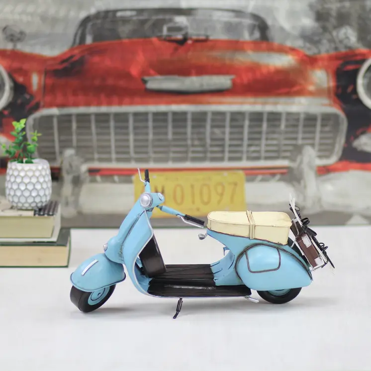 8" Blue and Black Metal Hand Painted Model Motorcycle Tabletop Sculpture