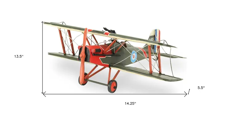 6" Red and Green Metal Hand Painted 1917 Vintage RAF Fighter Model Airplane