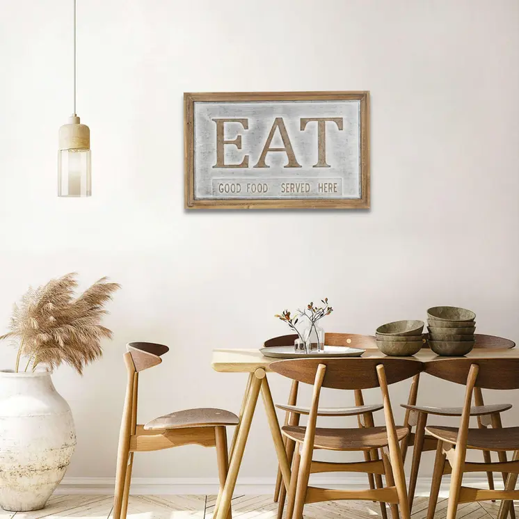 14" X 21" Gray and Brown Eat Wood and Metal Wall Decor