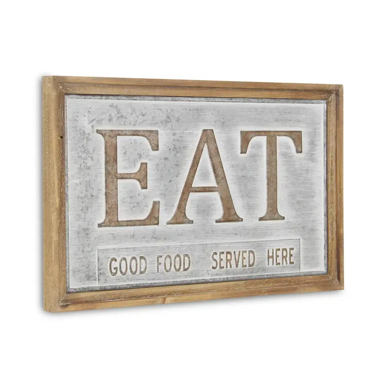 14" X 21" Gray and Brown Eat Wood and Metal Wall Decor