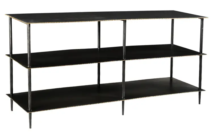 48" Black Iron Six Leg Console Table Two Shelves