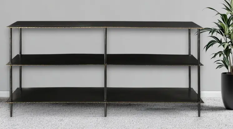 48" Black Iron Six Leg Console Table Two Shelves