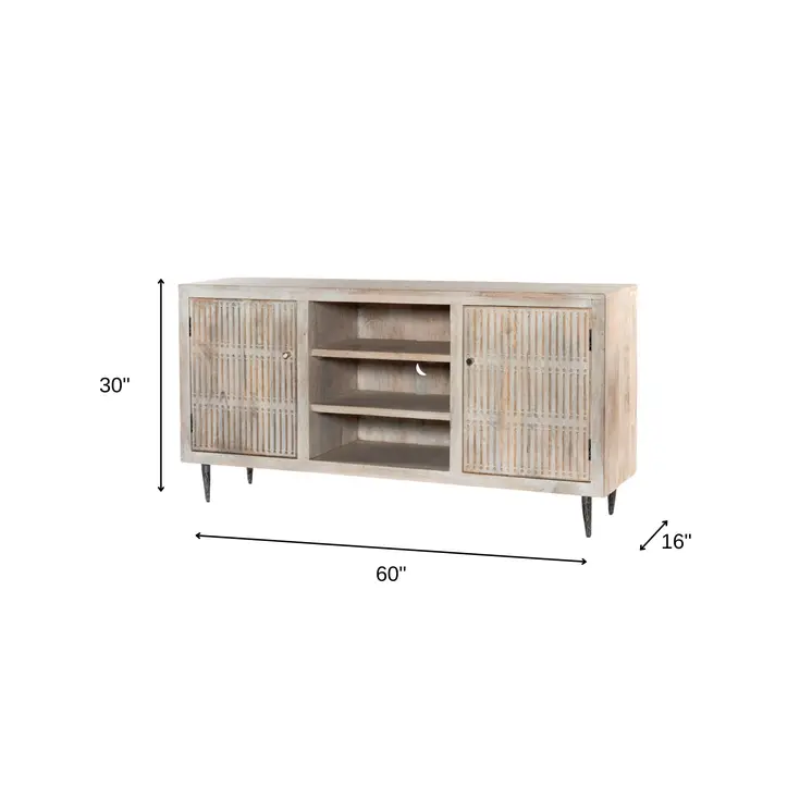 60" Ivory Carved Geometric Distressed Solid Wood Enclosed and Open Storage TV Stand