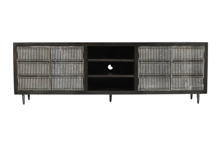 92" Dark Brown Carved Geometric Distressed Solid Wood Enclosed and Open Storage TV Stand